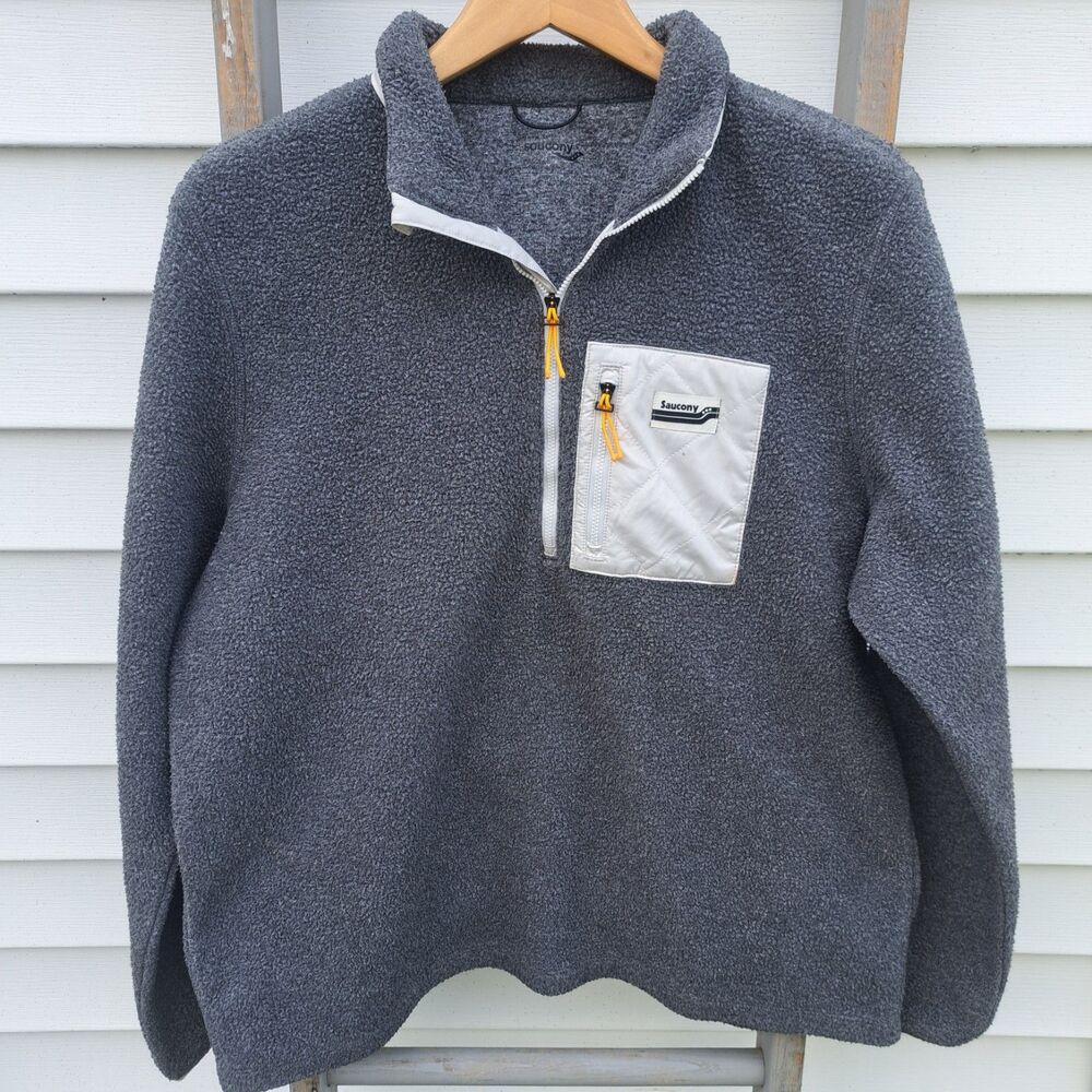 Saucony Mens Rested Sherpa Size Large 1/4 Zip Gray Pullover Sweater Unisex